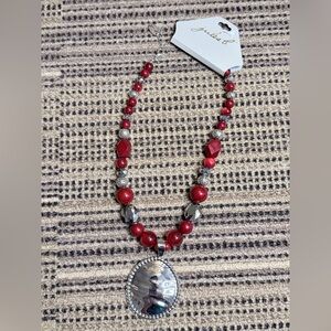 Jules b Red and Silver Beaded Necklace Pendant